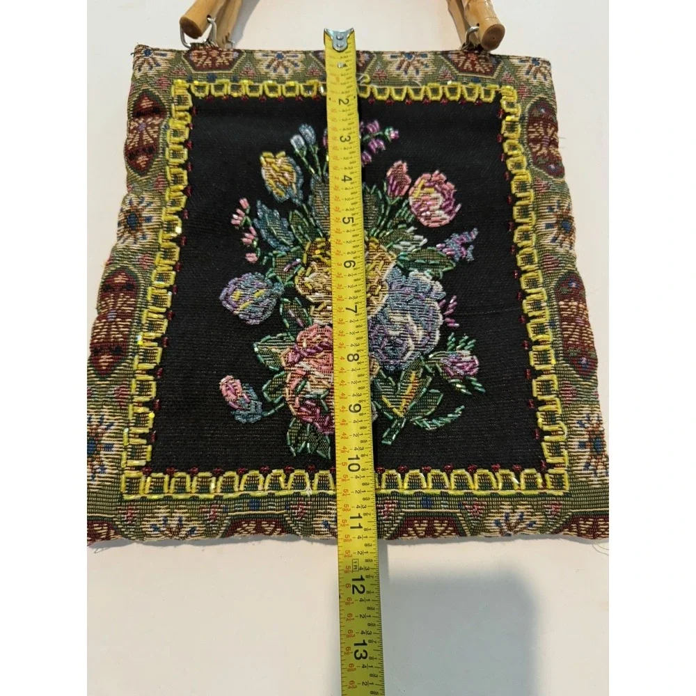 VTG 70s Beaded Floral Tapestry Bag Bamboo Handle Boho Handbag